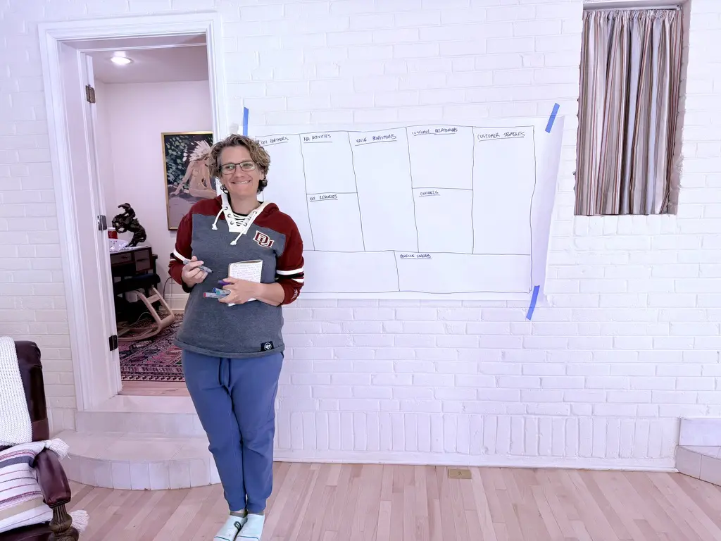 Person standing near a blank chart.