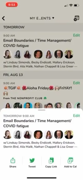 Event schedule displayed on a smartphone screen.