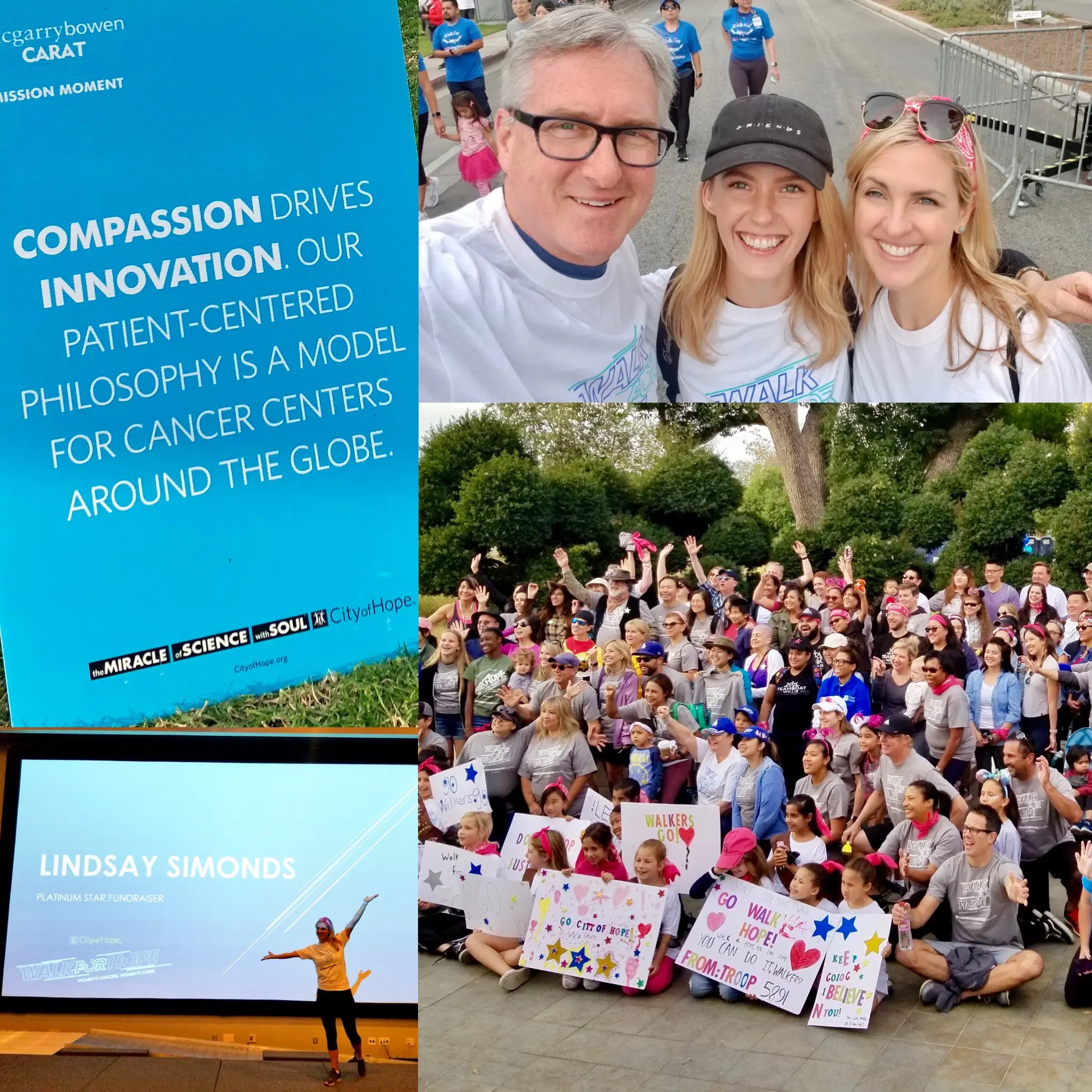 Cancer charity walk participants and event sign.