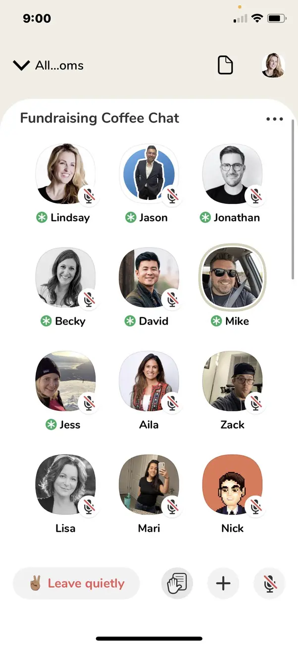 Clubhouse room participants in a coffee chat.