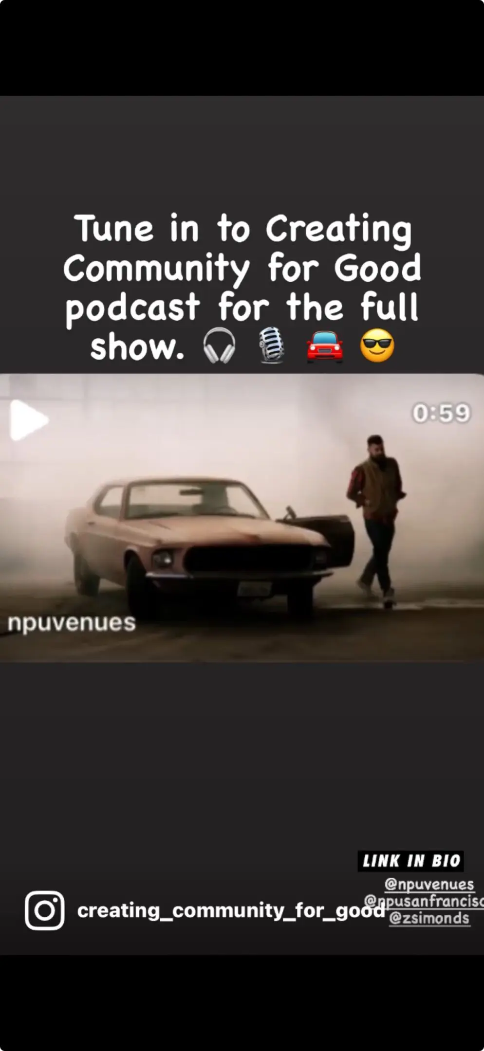 Car and person in podcast promotion image.