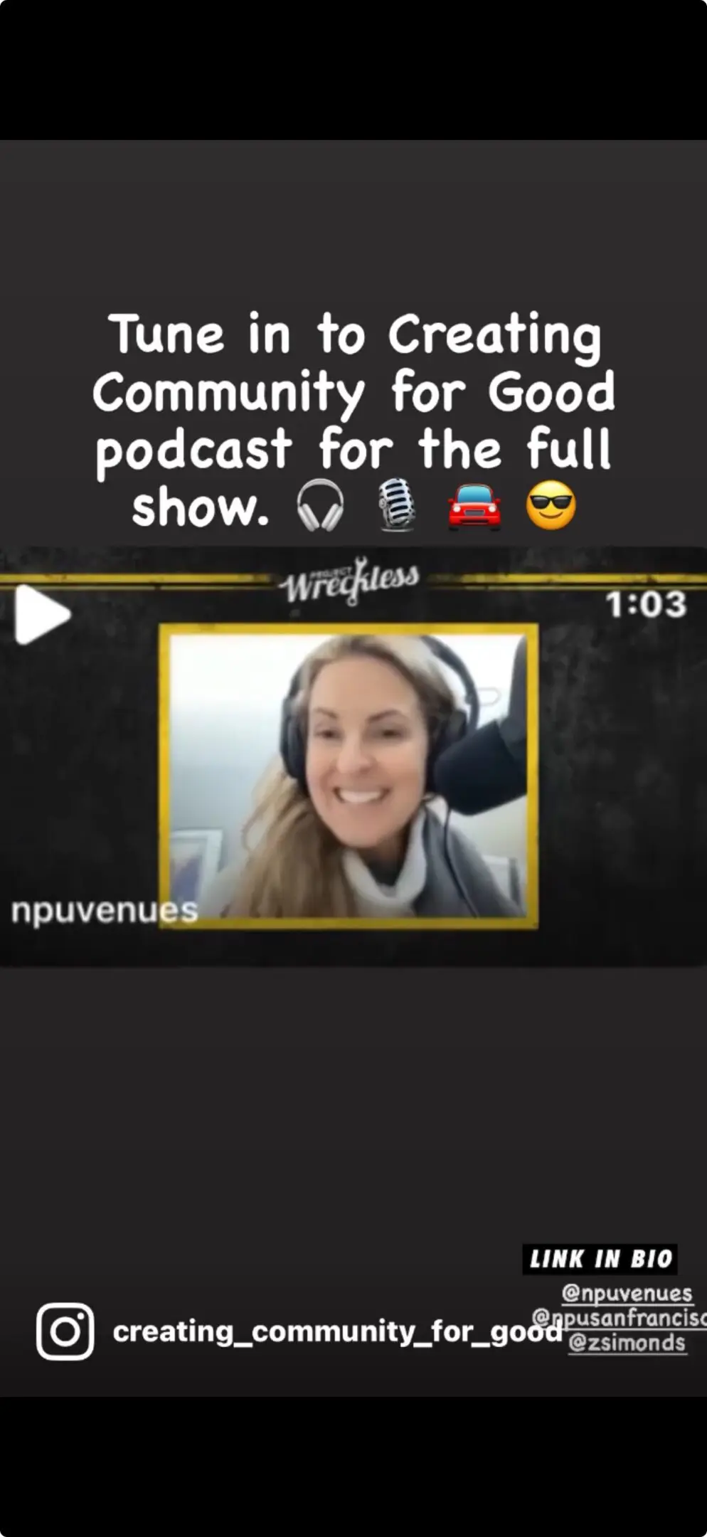 Podcast promotion with smiling person and text.